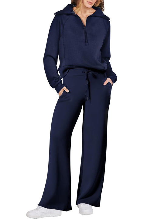 💝🔥Zeitlich begrenzter Sale – 50 % Rabatt🔥Damen-Loungeset aus 2 Teilen mit Oversize-Schnitt, halbem Reißverschluss und weitem Bein
