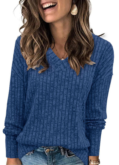 Damen-Pullover mit V-Ausschnitt und langen Ärmeln in Uni-Farbe