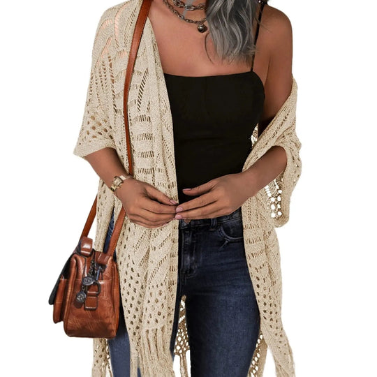🥳2026 HOT SALE🥳💞50K+ SOLD!🌸☀️ 50% OFF – Just £19.99! Oversized Knit Cardigan – Lightweight crochet tassel kimono for spring &amp; summer. Breathable viscose‑nylon blend – no itch, no cling – layer over anything! 🧶✨