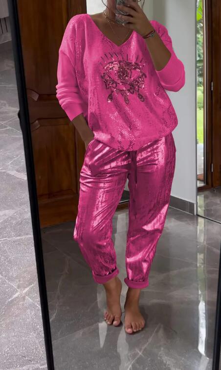 ✨ 2-teiliges Damen-Set: Goldfolien-Oberteil mit Devil's Eye Design & Pailletten-Hosen ✨