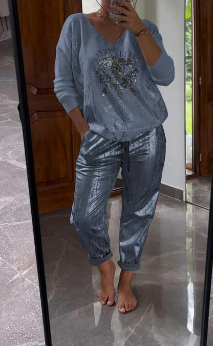 ✨ 2-teiliges Damen-Set: Goldfolien-Oberteil mit Devil's Eye Design & Pailletten-Hosen ✨