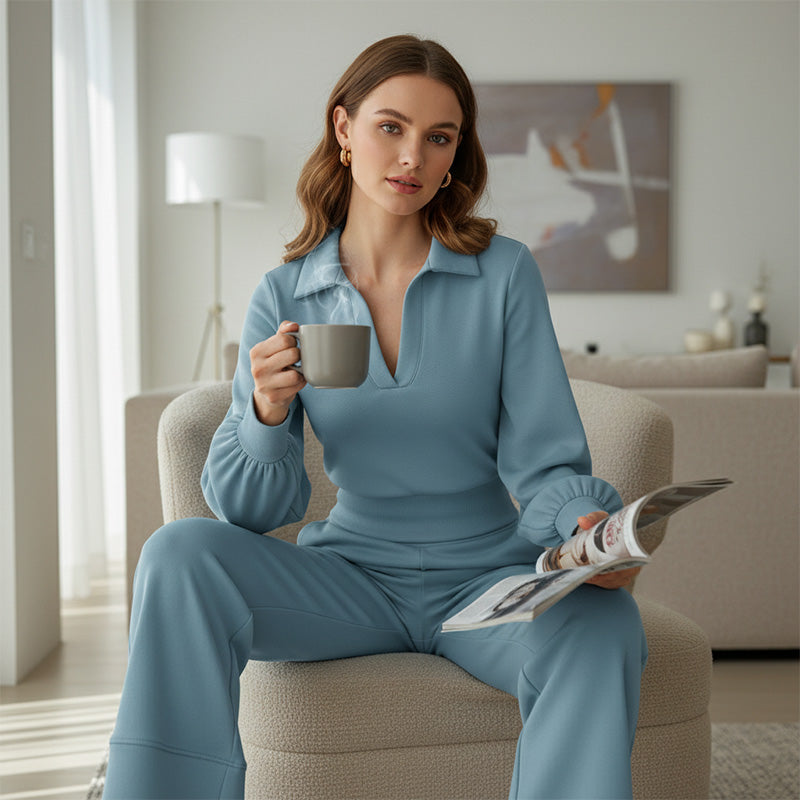 🔥Zeitlich begrenztes Angebot – Set aus Damenbluse mit Reverskragen und weit geschnittener Hose