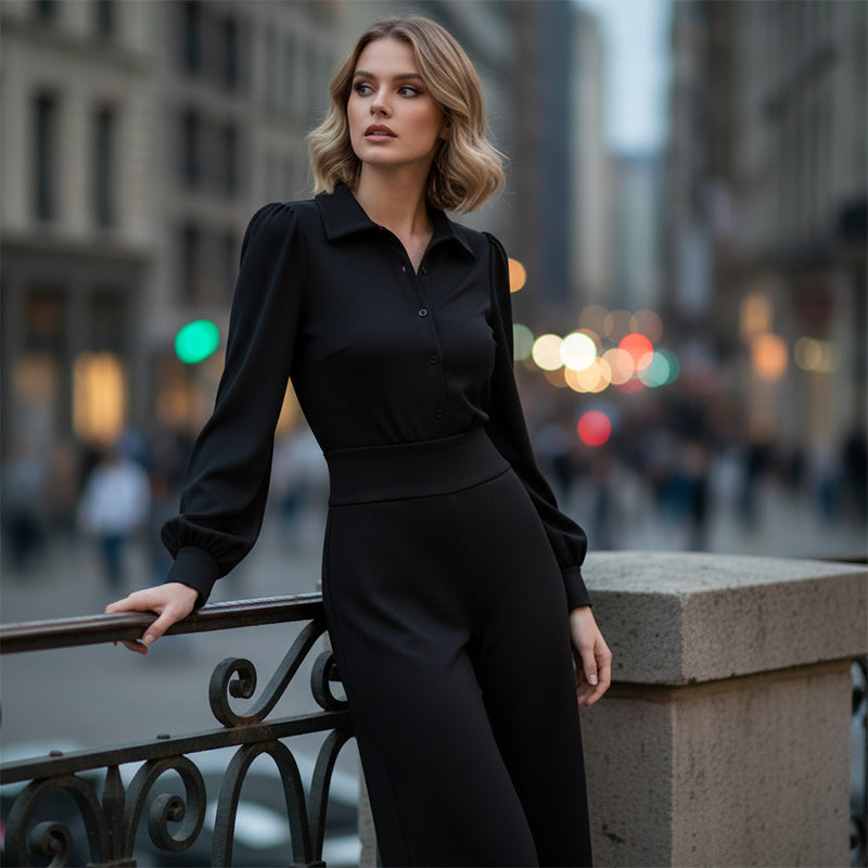 🔥Zeitlich begrenztes Angebot – Set aus Damenbluse mit Reverskragen und weit geschnittener Hose