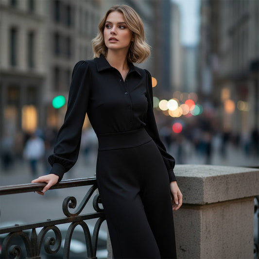 🔥Zeitlich begrenztes Angebot – Set aus Damenbluse mit Reverskragen und weit geschnittener Hose