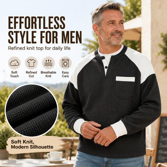 Men’s casual Henley top with a color-block design and waffle-knit texture