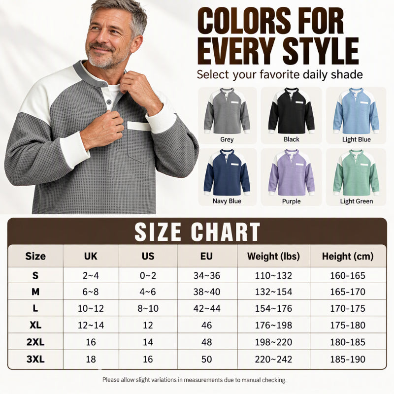 Men’s casual Henley top with a color-block design and waffle-knit texture