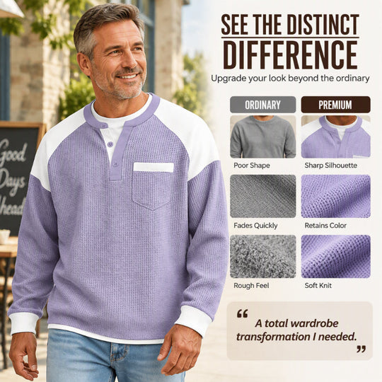 Men’s casual Henley top with a color-block design and waffle-knit texture
