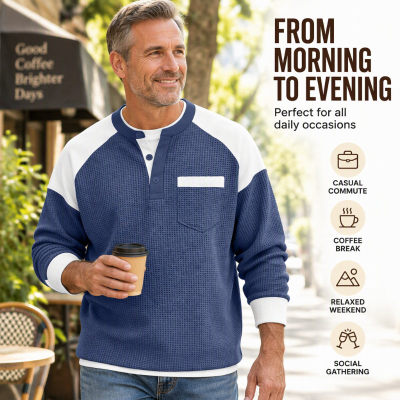Men’s casual Henley top with a color-block design and waffle-knit texture