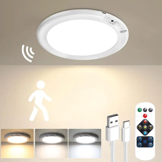 Wiederaufladbare Deckenleuchte mit Bewegungssensor, diese tragbare LED-Leuchte ist energieeffizient und wird mit Fernbedienung geliefert.  Es bietet drei einstellbare Lichtfarben und mehrere Helligkeitsstufen, so dass es für Innenschränke geeignet is