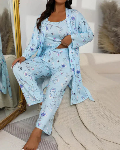 Gemütliches 3-teiliges Pyjama-Set – Bademantel, Hemd und lange Hose