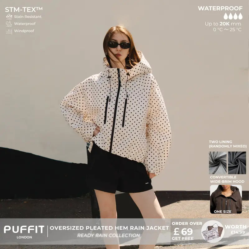 🧥Wide-Brim Hood💧Short Oversized Rain Jacket With Bubble Hem,Adjustable Cuffs