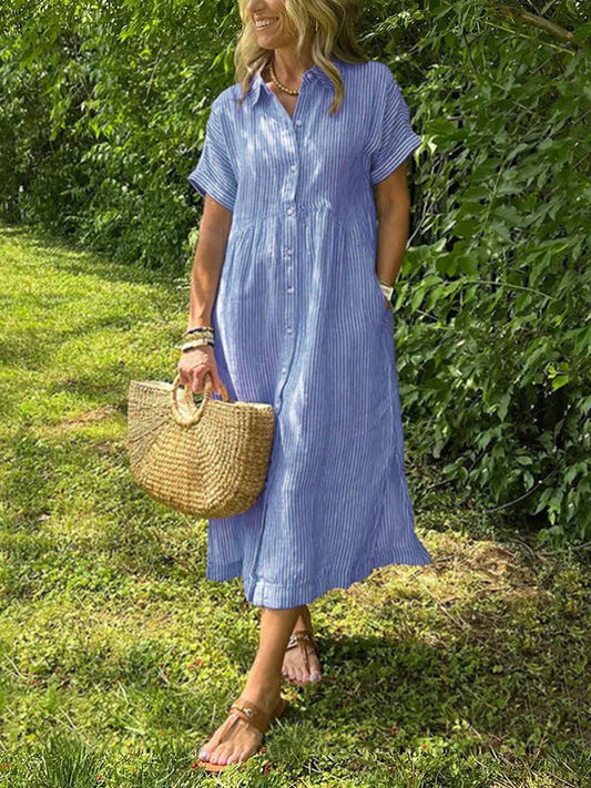 💗SOMMERANGEBOT - 50% RABATT💗Gestreiftes langes Blusenkleid mit V-Ausschnitt und Kragen für Damen