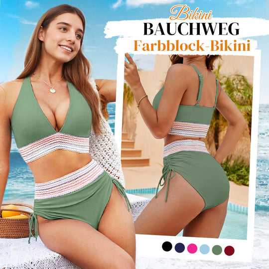 🔥Prezo especial do último día €18.99!👙Conxuntos de bikini de talle alto con control de barriga e deseño de bloques de cor