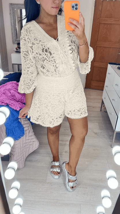 🏆LETZTER VERKAUFSTAG 50% RABATT -💖Lässiger kurzer Spitzenanzug mit V-Ausschnitt