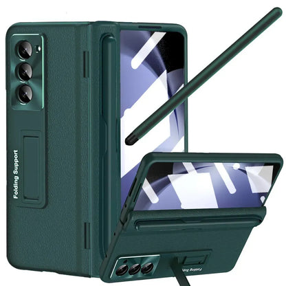Rundumschutz-Lederhülle mit Ständer und Scharnierabdeckung für Samsung Galaxy Z Fold 6/5/4/3 - Gratis Stylus