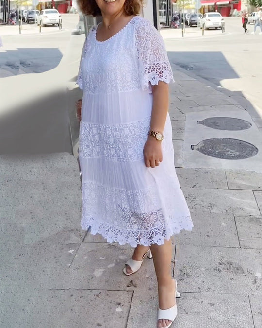 💕Einfarbiges Kleid mit kurzen Ärmeln und Spitze