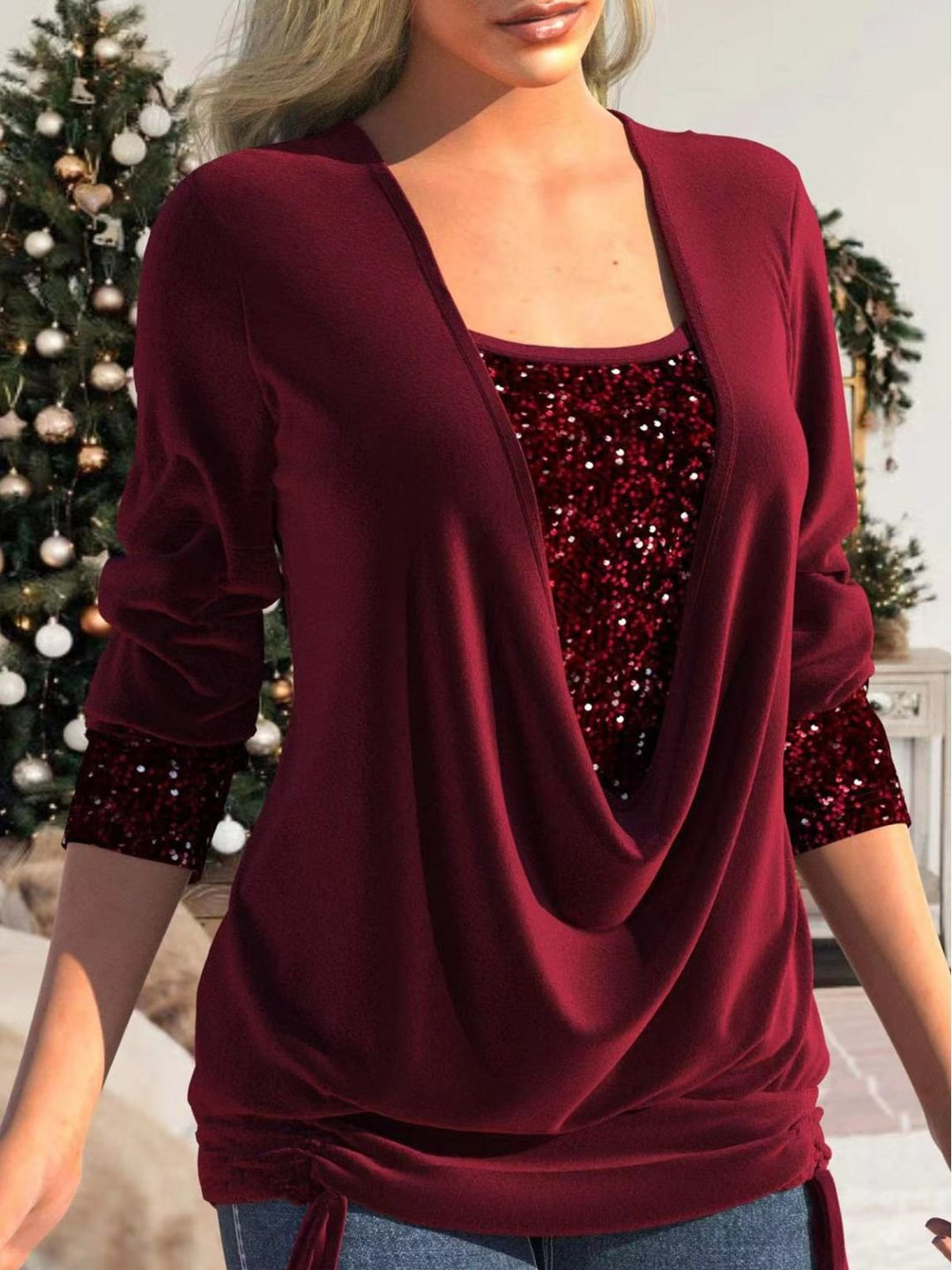 💜LETZTER TAG VERKAUF 50% RABATT💜Pailletten Fake-Zweiteiler-Top - Elastisches Glitzerstoff-Design mit Raffung für festliche Anlässe