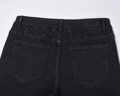 Rhinestone Embellished Slim-Fit Black Denim Jeans