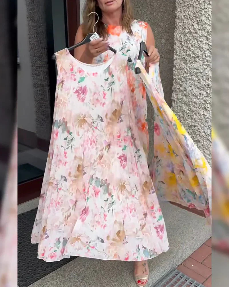 Ärmelloses Midikleid mit Plissee und Blumenprint und betonter Taille