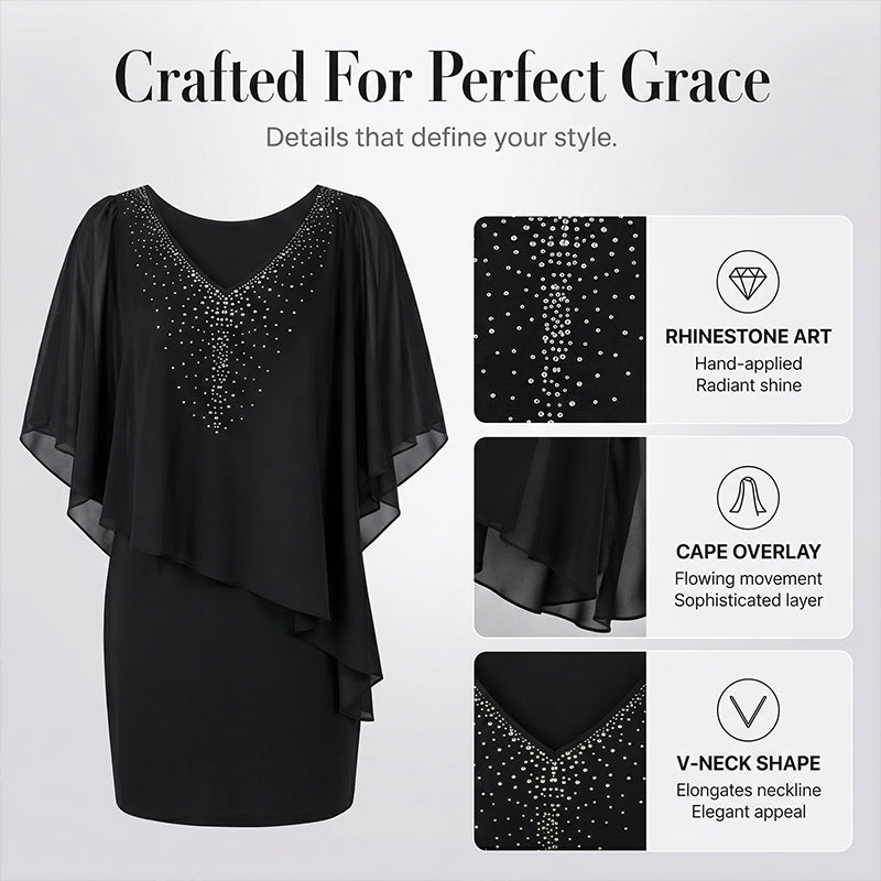 🌸2026 Summer Specials💐Rhinestone V-Neck Cape Dress with Chiffon Overlay
