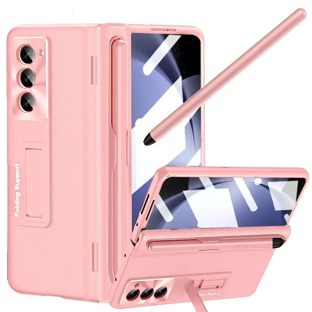 Rundumschutz-Lederhülle mit Ständer und Scharnierabdeckung für Samsung Galaxy Z Fold 6/5/4/3 - Gratis Stylus