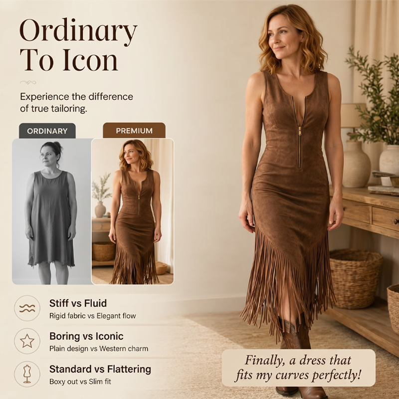 🤠 LIMITED-TIME 50% OFF! ✨👗Retro Western Tassel Sleeveless Slim Dress – Fringe Hem, Front Zipper, Cowgirl Style🌵