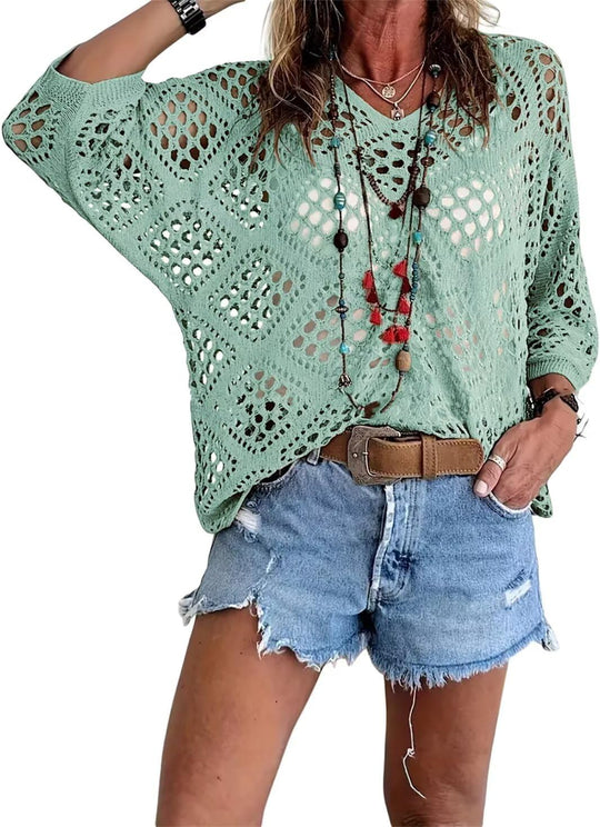 🔥💐FRÜHJAHRSANGEBOT⚡ÜBER 50.000 VERKAUFT!✨ Beige Häkeltop im Boho-Stil mit V-Ausschnitt für Damen