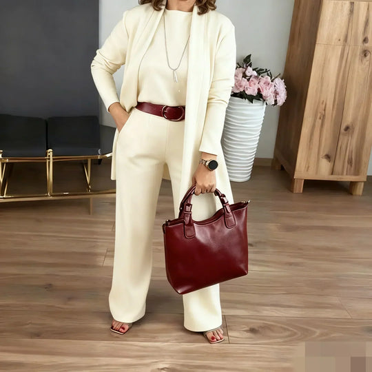 New Arrival✨3-Piece Set with Short Sleeve Top, Wide-Leg Pants &amp; Long Cardigan – Effortless Layered Style