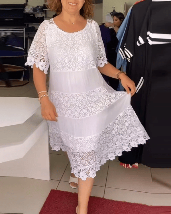 💕Einfarbiges Kleid mit kurzen Ärmeln und Spitze