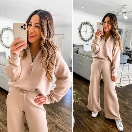 💝🔥Zeitlich begrenzter Sale – 50 % Rabatt🔥Damen-Loungeset aus 2 Teilen mit Oversize-Schnitt, halbem Reißverschluss und weitem Bein
