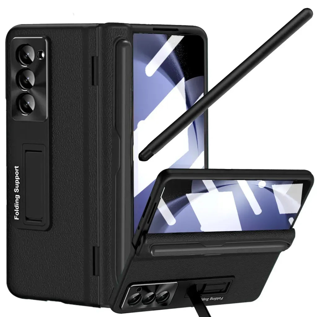 Rundumschutz-Lederhülle mit Ständer und Scharnierabdeckung für Samsung Galaxy Z Fold 6/5/4/3 - Gratis Stylus