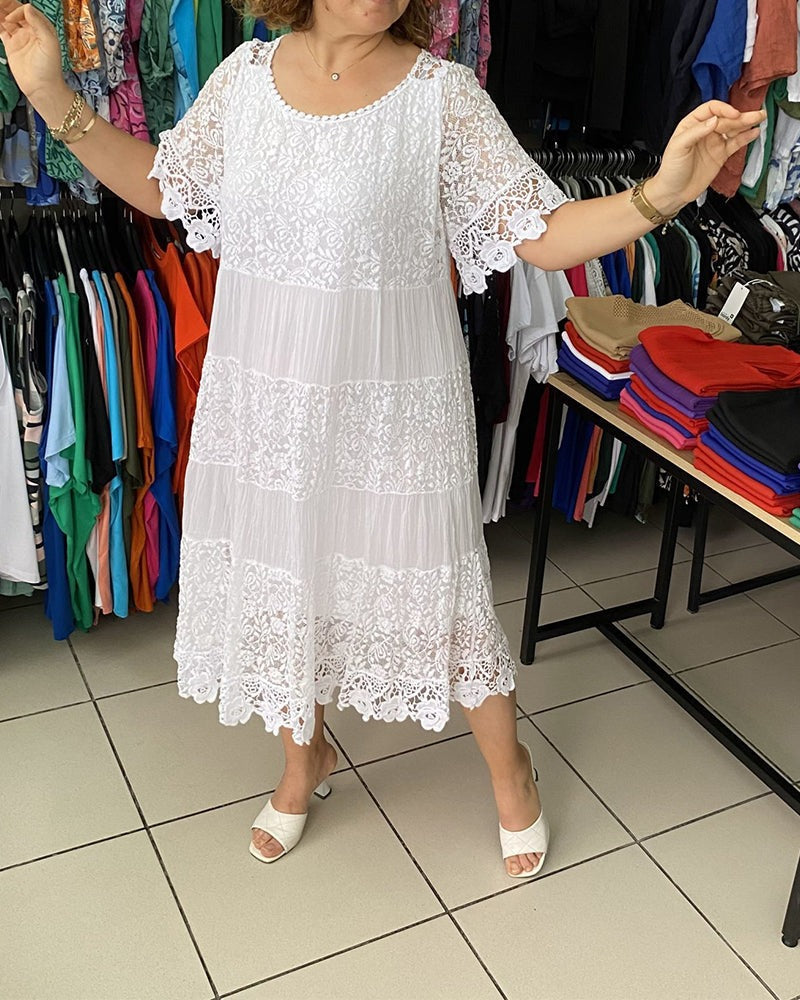💕Einfarbiges Kleid mit kurzen Ärmeln und Spitze