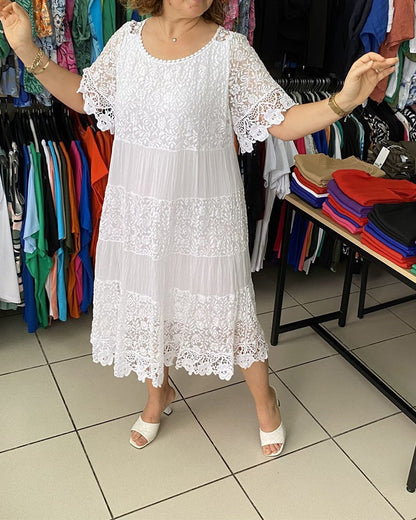 💕Einfarbiges Kleid mit kurzen Ärmeln und Spitze