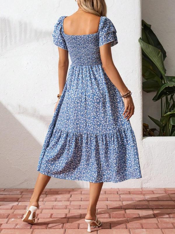 🌈2026 Summer Hot Sale 50% OFF!✨Square Neck Floral Midi Dress – Smocked Bodice, Flowy Tiered Skirt, Romantic 🌸