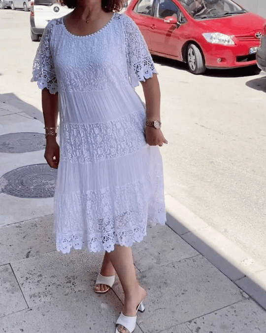 💕Einfarbiges Kleid mit kurzen Ärmeln und Spitze