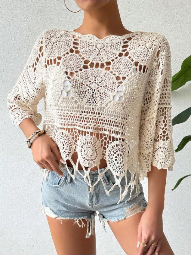 🌴Boho Chic Swim Cover-Up✨ Fringe Knit Top with 3/4 Sleeves👙 Casual Beach &amp; Party Wear☀️ Spring &amp; Fall