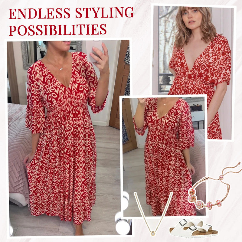 💖LAST DAY SALE 50% OFF💖Bohemian casual print V-neck waist wrap long dress