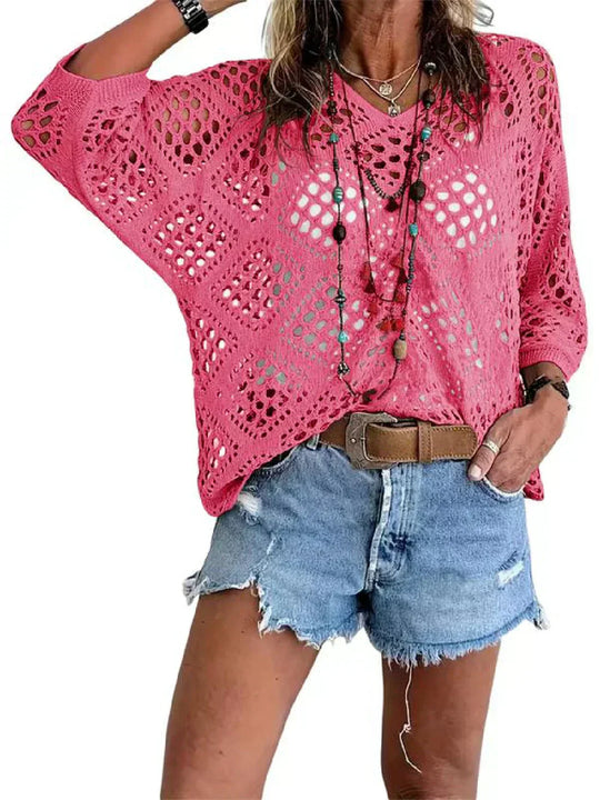 🔥💐FRÜHJAHRSANGEBOT⚡ÜBER 50.000 VERKAUFT!✨ Beige Häkeltop im Boho-Stil mit V-Ausschnitt für Damen
