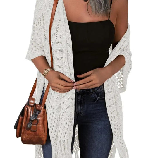 🥳2026 HOT SALE🥳💞50K+ SOLD!🌸☀️ 50% OFF – Just £19.99! Oversized Knit Cardigan – Lightweight crochet tassel kimono for spring &amp; summer. Breathable viscose‑nylon blend – no itch, no cling – layer over anything! 🧶✨