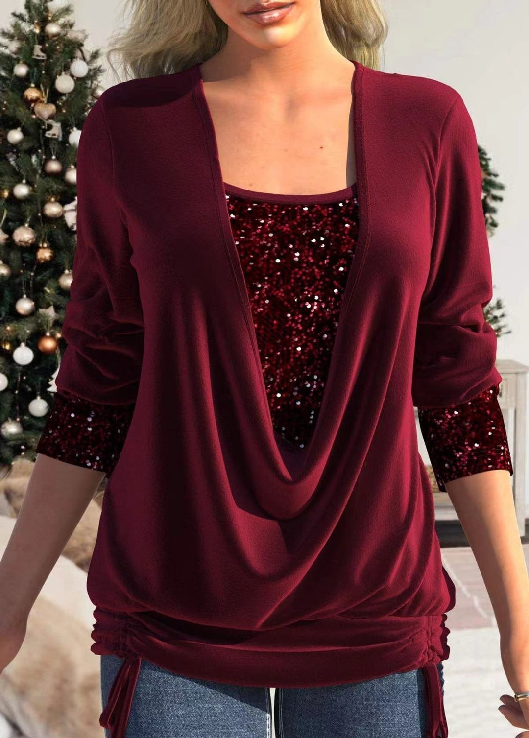 💜LETZTER TAG VERKAUF 50% RABATT💜Pailletten Fake-Zweiteiler-Top - Elastisches Glitzerstoff-Design mit Raffung für festliche Anlässe