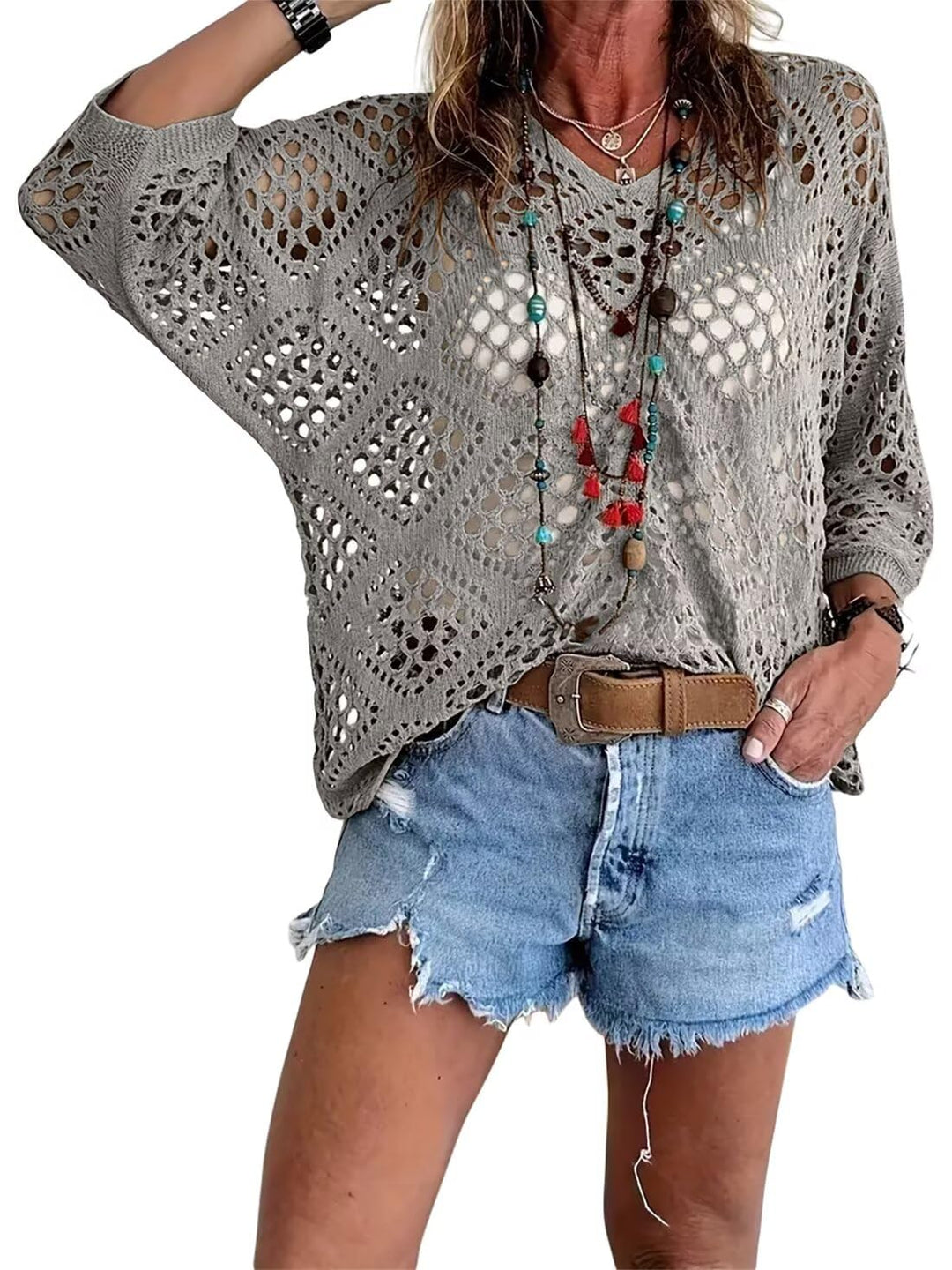 🔥💐FRÜHJAHRSANGEBOT⚡ÜBER 50.000 VERKAUFT!✨ Beige Häkeltop im Boho-Stil mit V-Ausschnitt für Damen