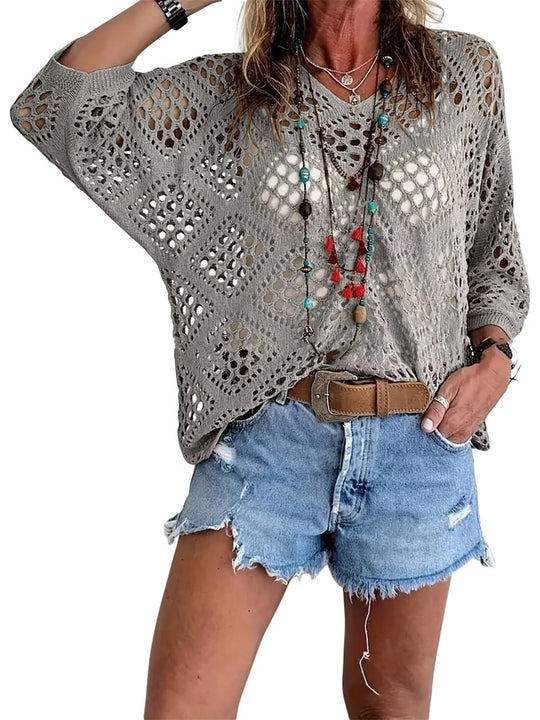 🔥💐FRÜHJAHRSANGEBOT⚡ÜBER 50.000 VERKAUFT!✨ Beige Häkeltop im Boho-Stil mit V-Ausschnitt für Damen