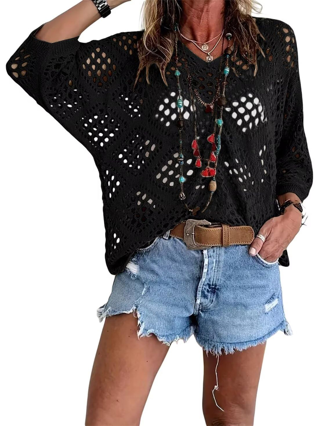 🔥💐FRÜHJAHRSANGEBOT⚡ÜBER 50.000 VERKAUFT!✨ Beige Häkeltop im Boho-Stil mit V-Ausschnitt für Damen