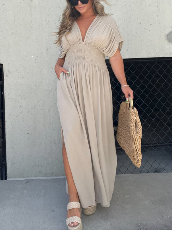 VENTE CHAUDE 💗 ROBE LONGUE FENTE À COL EN V SANS EFFORT