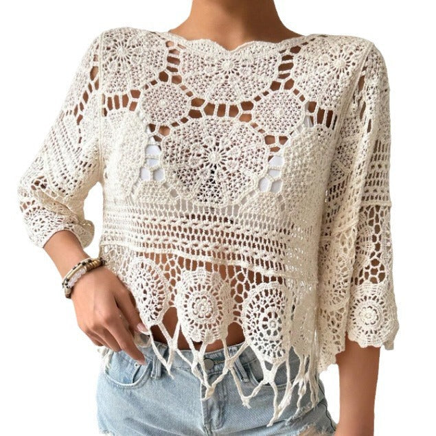 🌴Boho Chic Swim Cover-Up✨ Fringe Knit Top with 3/4 Sleeves👙 Casual Beach &amp; Party Wear☀️ Spring &amp; Fall