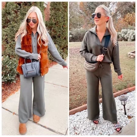 💝🔥Zeitlich begrenzter Sale – 50 % Rabatt🔥Damen-Loungeset aus 2 Teilen mit Oversize-Schnitt, halbem Reißverschluss und weitem Bein