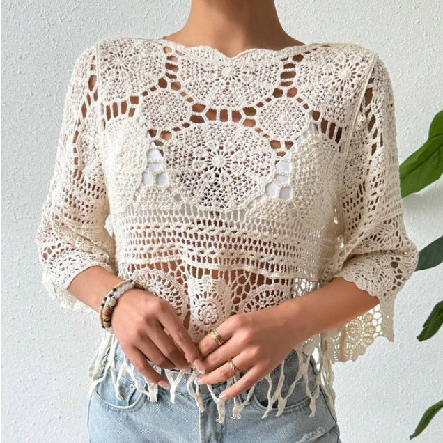 🌴Boho Chic Swim Cover-Up✨ Fringe Knit Top with 3/4 Sleeves👙 Casual Beach &amp; Party Wear☀️ Spring &amp; Fall