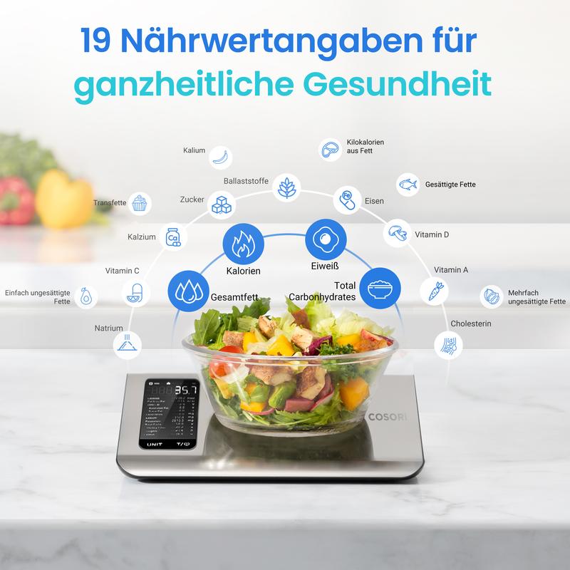⚖️📊 Küchenwaage digital – misst 19 Nährwerte &amp; Kalorien per App, 5kg Edelstahl 🥗✅ für gesunde Ernährung &amp; Gewichtsverlust
