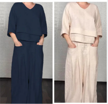 💎 2-teiliges Set aus Baumwoll-Leinen mit unregelmäßigem Saum – V-Ausschnitt-Oberteil + Weitbein-Hose, atmungsaktiv & mühelos stilvoll 🍂👚