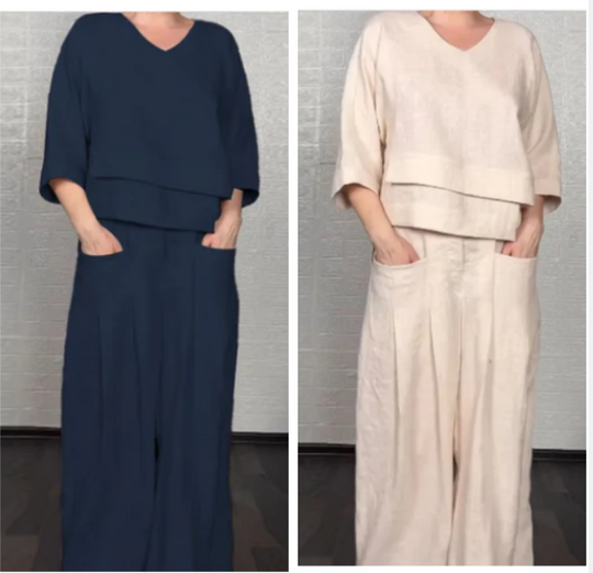 💎 2-teiliges Set aus Baumwoll-Leinen mit unregelmäßigem Saum – V-Ausschnitt-Oberteil + Weitbein-Hose, atmungsaktiv &amp; mühelos stilvoll 🍂👚